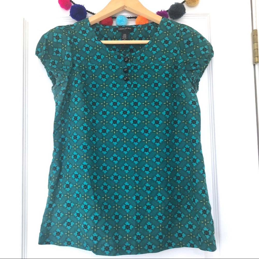 Banana Republic Teal Green Geometric Tile Silk Top